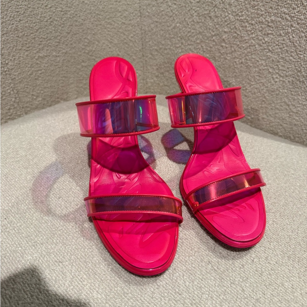 Christian Louboutin Just Loubi 85mmHot Pink Slide Sandals with Iridescent Straps